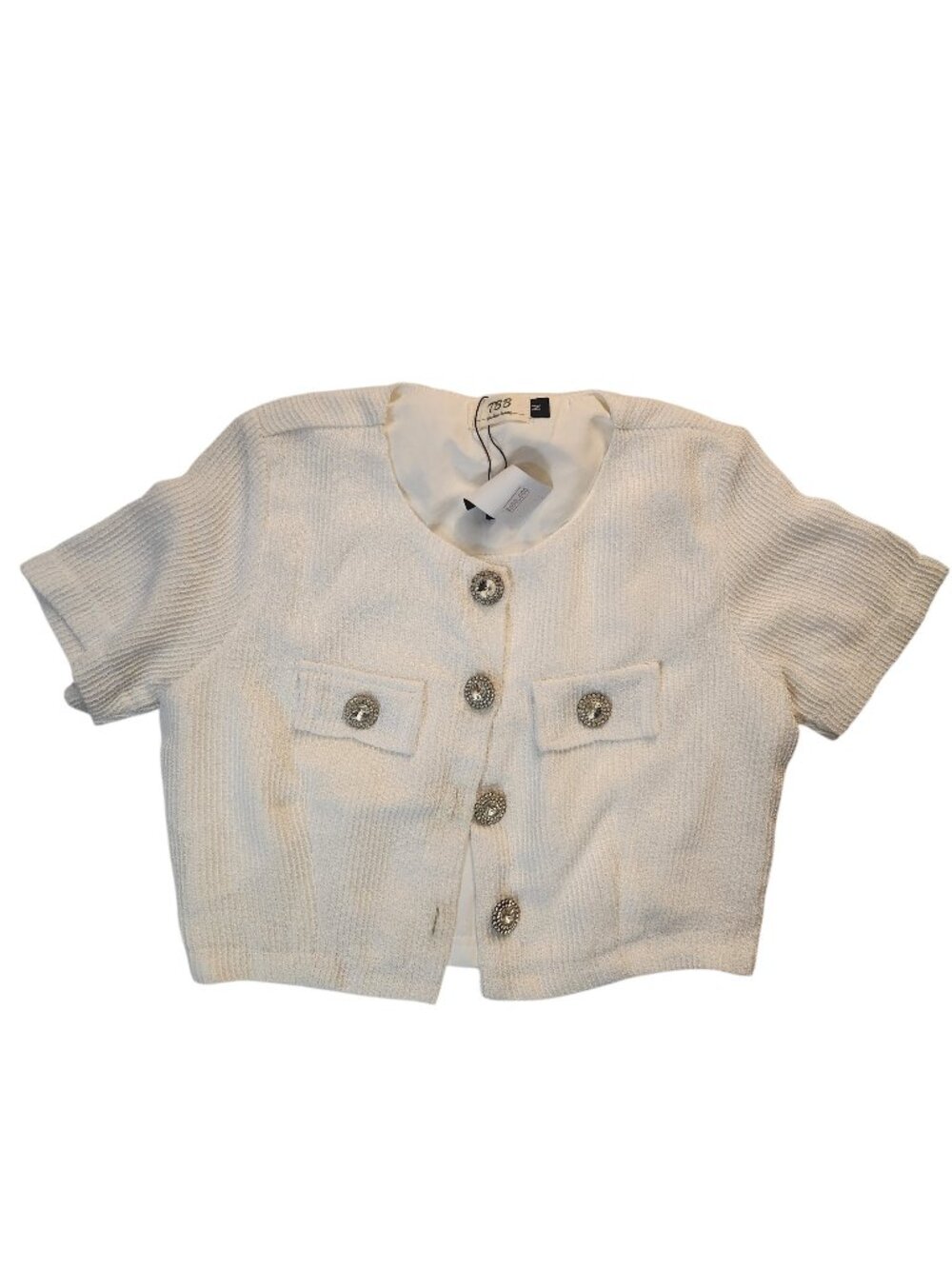 NWT TBB Crop Top Size M White Rhinestone Buttons Short Sleeve
